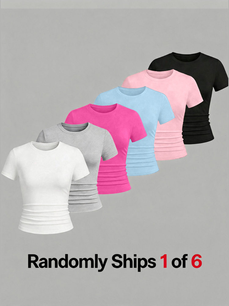 SHEIN 1 قطعة تي شيرت قصير يتم إرساله عشوائيًا للفتيات المراهقات، 1 قطعة أبيض، أسود، رمادي، مارون، أزرق داكن، بني، ملابس يومية مناسبة لجميع الفصول - متعدد الألوان - مشاهدة 1