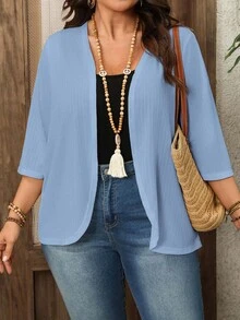 Rosumi Plus Size Women's Mid-Length Sleeve White Jacquard Texture Cardigan Beach Vacation Jacket Spring Outfits For Women Summer Outfits For Women Fall - Baby Blue - View 2