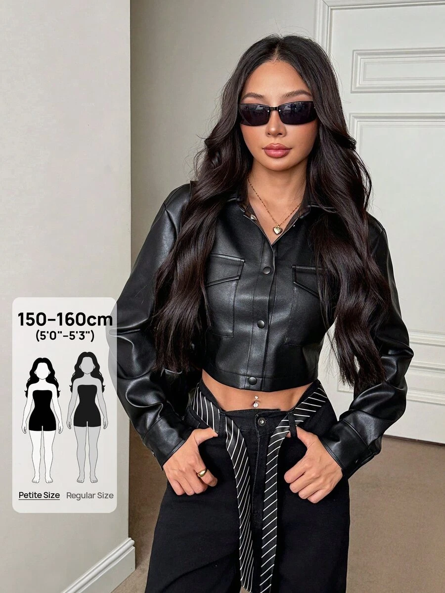 SHEIN PETITE Button Front Flap Pocket Drop Shoulder PU Jacket In Fall/Winter - Black - View 1