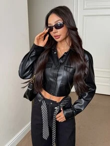 SHEIN PETITE Button Front Flap Pocket Drop Shoulder PU Jacket In Fall/Winter - Black - View 9
