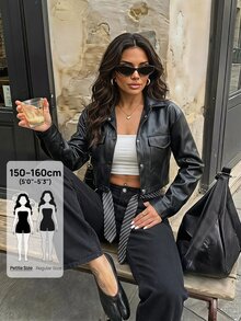 SHEIN PETITE Button Front Flap Pocket Drop Shoulder PU Jacket In Fall/Winter - Black - View 5