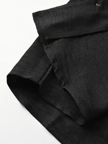 Manfinity Homme 男士舒適純色細斜紋布料小立領短袖襯衫與抽繩鬆緊腰長褲套裝，休閒度假、朋友約會、雞尾酒會、沙龍、聚會、日常辦公、極簡商務風格，特別適合春夏季節，適合自穿或送給朋友 - 黑色 - 查看 7