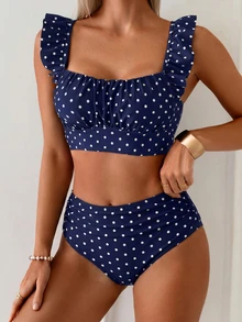 Swim Basics 2pcs Women's Navy Blue Polka Dot,Summer,Cute,Beach Party,Holiday,Holiday Elegant Ruffle Strap Pleated Top High Waist Ruched Triangle Bathing Suit Set - Navy Blue - View 4