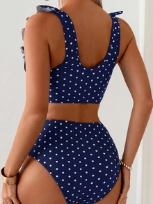 Swim Basics 2pcs Women's Navy Blue Polka Dot,Summer,Cute,Beach Party,Holiday,Holiday Elegant Ruffle Strap Pleated Top High Waist Ruched Triangle Bathing Suit Set - Navy Blue - View 2