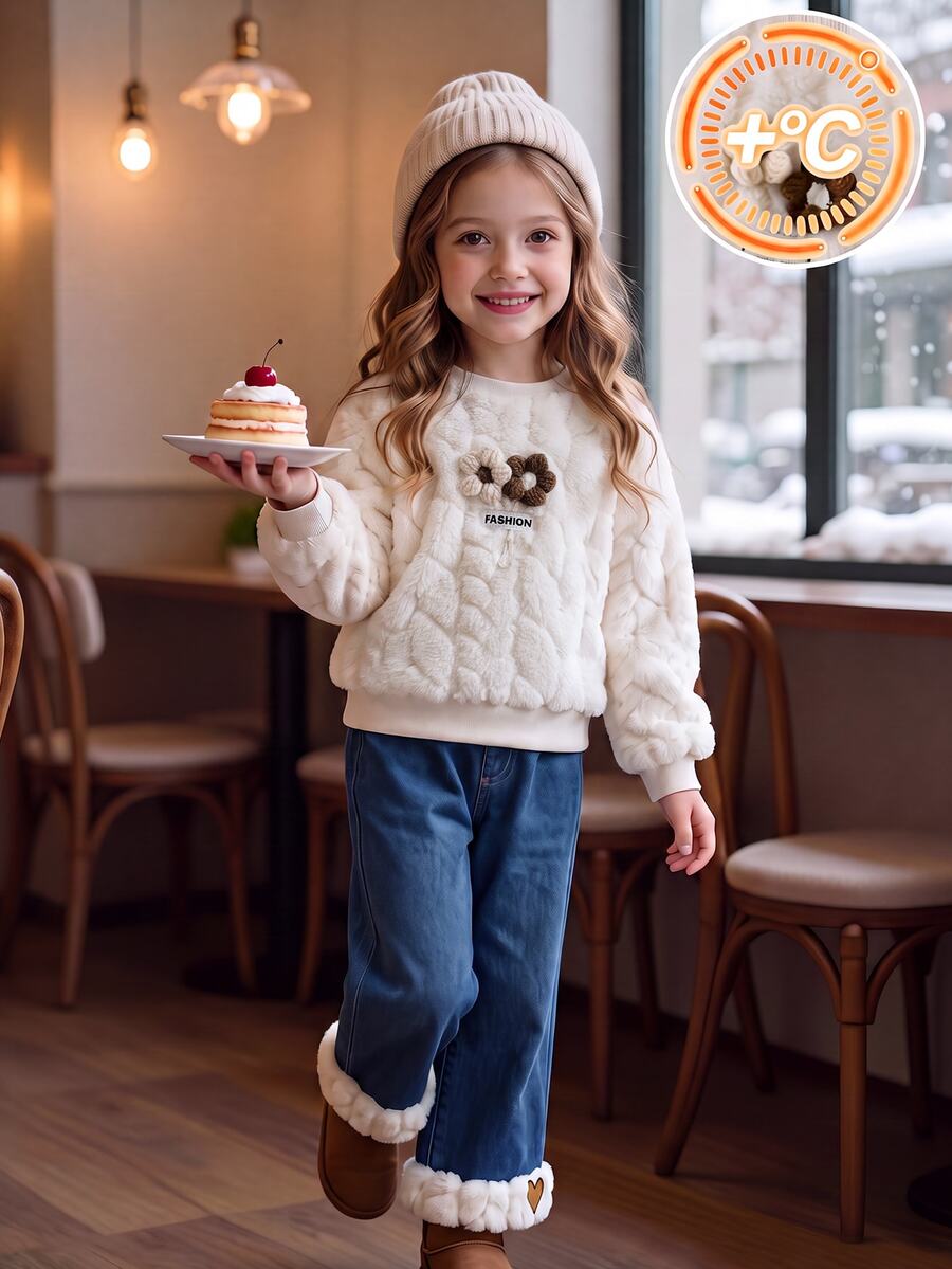 Genkimix Kids 女童長袖上衣套裝,秋冬款,棉絨加厚抓絨,立體花卉設計 - 杏色 - 查看 1