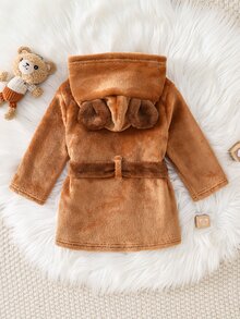SHEIN 男嬰秋冬可愛動物熊刺繡長袖連帽法蘭絨睡衣，棕色日系可愛家庭套裝 - 棕色 - 查看 2