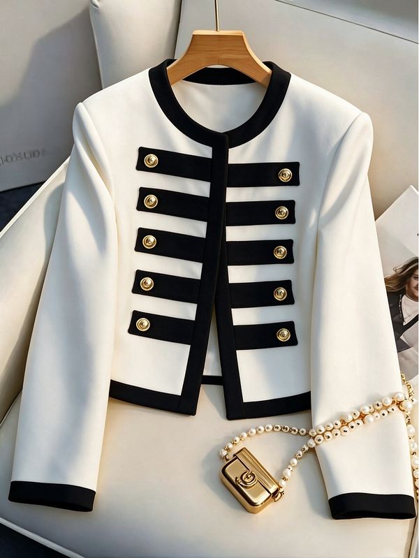 SHEIN PariChic Black & White Contrast Trim Double-Breasted Round Neck Royal Style Premium Short Blazer