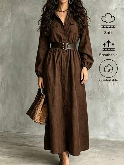 Trelyra Gaun Kemeja Wanita Model A-Line Swing Katun Linen Kerah Kemeja Kancing Tunggal Saku Pinggang Terikat Elegan Klasik Cokelat Polos Gaun Kemeja Panjang untuk Wanita