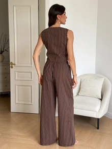 SHEIN Tall 高個女款棕色條紋V領背心與休閒長褲套裝 商務辦公夏季 - 棕色 - 查看 2