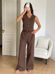 SHEIN Tall 高個女款棕色條紋V領背心與休閒長褲套裝 商務辦公夏季 - 棕色 - 查看 6