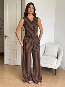 SHEIN Tall 高個女款棕色條紋V領背心與休閒長褲套裝 商務辦公夏季 - 棕色 - 查看 10