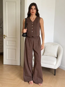 SHEIN Tall 高個女款棕色條紋V領背心與休閒長褲套裝 商務辦公夏季 - 棕色 - 查看 3
