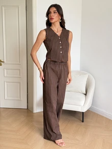 SHEIN Tall 高個女款棕色條紋V領背心與休閒長褲套裝 商務辦公夏季 - 棕色 - 查看 9