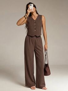 SHEIN Tall 高個女款棕色條紋V領背心與休閒長褲套裝 商務辦公夏季 - 棕色 - 查看 8