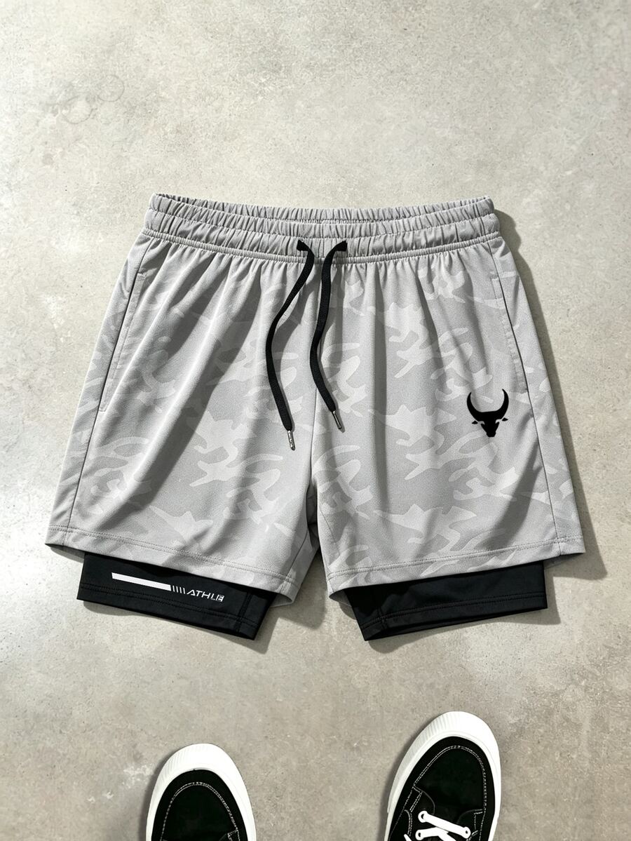 Gym Rark 男士迷彩印花抽繩腰雙層運動短褲,健身房適用 - 灰色 - 查看 1