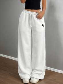 SHEIN Tween Girls Sweatpants Spring Summer Autumn Winter New Pony Embroidery Casual Versatile Snug Fit Low Waist Elastic Waist Loose Wide Leg Sweatpants Tween Girl - White - View 3