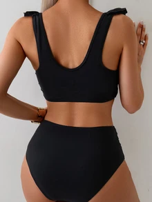 Swim Basics 2件組女款優雅度假純色荷葉邊肩帶百褶短版上衣與高腰抓皺三角泳褲泳衣套裝，夏季 - 黑色 - 查看 2
