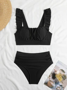 Swim Basics 2件組女款優雅度假純色荷葉邊肩帶百褶短版上衣與高腰抓皺三角泳褲泳衣套裝，夏季 - 黑色 - 查看 5