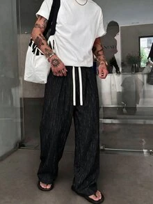 STEELVANCE 男士休閒寬鬆條紋長褲 - 黑色 - 查看 1