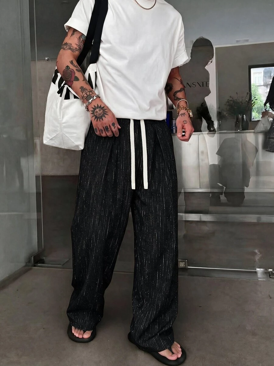 STEELVANCE 男士休閒寬鬆條紋長褲 - 黑色 - 查看 1