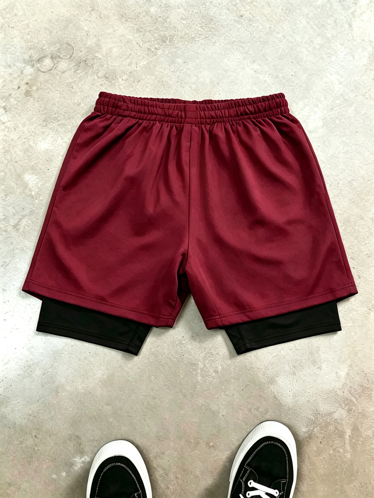 Gym Rark Men's Horn Pattern Print Drawstring Waist Double Layer Sports Shorts - Burgundy - View 2