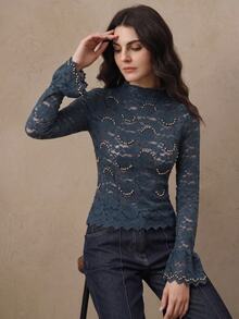 Anewsta 優雅珍珠蕾絲喇叭袖女款上衣 T-shirt - 寶藍色 - 查看 7