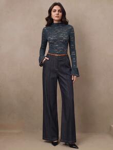 Anewsta 優雅珍珠蕾絲喇叭袖女款上衣 T-shirt - 寶藍色 - 查看 4