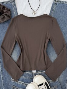 SHEIN 青少年女孩 T-Shirt，領口彈性修身款－百搭極簡長袖 T-Shirt，舒適穿著 - 棕色 - 查看 2