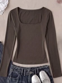 SHEIN 青少年女孩 T-Shirt，領口彈性修身款－百搭極簡長袖 T-Shirt，舒適穿著 - 棕色 - 查看 6