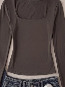 SHEIN 青少年女孩 T-Shirt，領口彈性修身款－百搭極簡長袖 T-Shirt，舒適穿著 - 棕色 - 查看 7