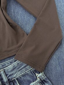 SHEIN 青少年女孩 T-Shirt，領口彈性修身款－百搭極簡長袖 T-Shirt，舒適穿著 - 棕色 - 查看 3