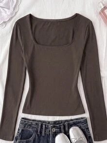 SHEIN 青少年女孩 T-Shirt，領口彈性修身款－百搭極簡長袖 T-Shirt，舒適穿著 - 棕色 - 查看 4