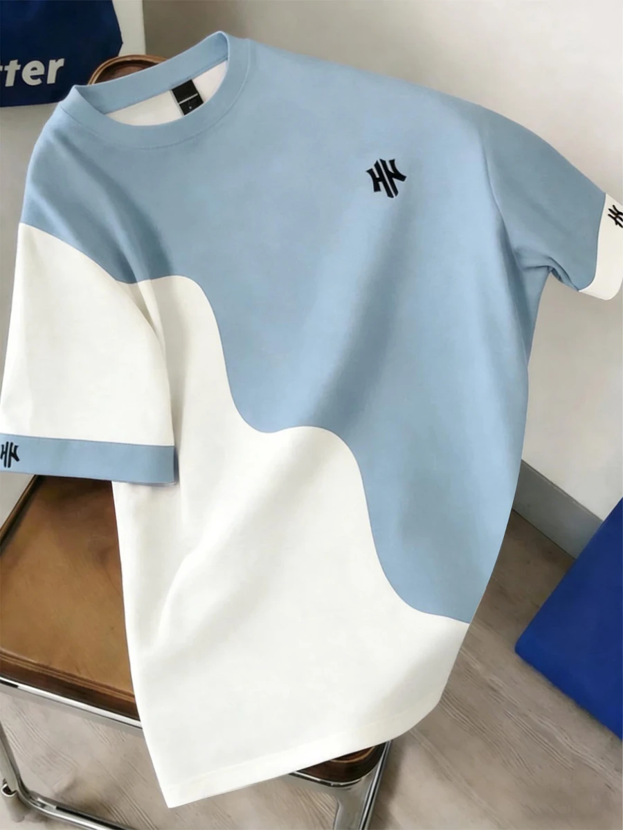 Daypath Plus Size Men's Blue & White Contrast Color T-Shirt, Suitable For Summer Outings, Fresh And Versatile - Blue - View 1