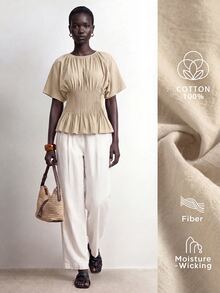 SHEIN Stylify Women's French Style Minimalist Elegant Casual Gentle Khaki Cotton Spring/Summer New Waist Pleated Design Slimming Blouse Shirt For Office Vacation - Apricot - View 1