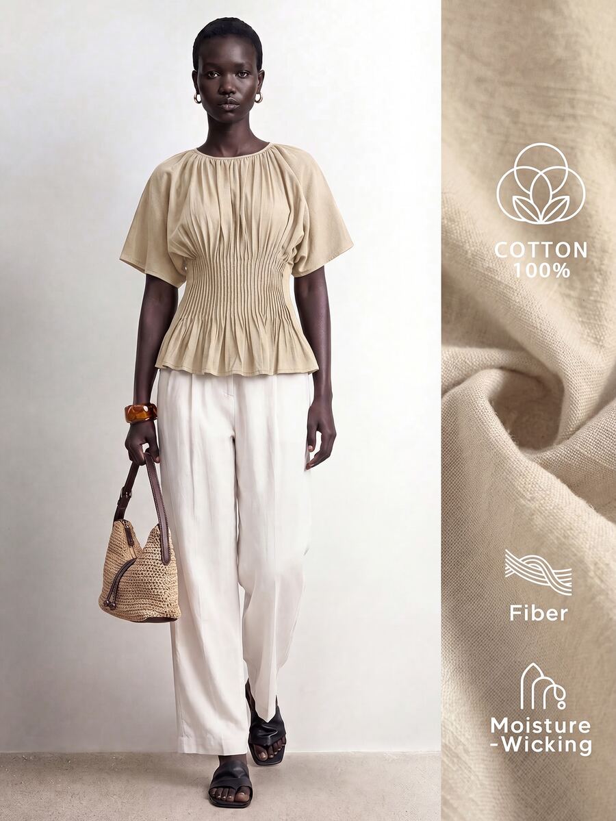 SHEIN Stylify Women's French Style Minimalist Elegant Casual Gentle Khaki Cotton Spring/Summer New Waist Pleated Design Slimming Blouse Shirt For Office Vacation - Apricot - View 1
