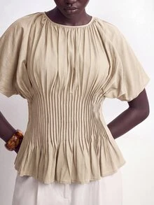 SHEIN Stylify Women's French Style Minimalist Elegant Casual Gentle Khaki Cotton Spring/Summer New Waist Pleated Design Slimming Blouse Shirt For Office Vacation - Apricot - View 7
