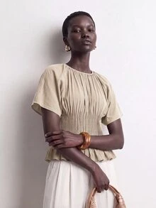 SHEIN Stylify Women's French Style Minimalist Elegant Casual Gentle Khaki Cotton Spring/Summer New Waist Pleated Design Slimming Blouse Shirt For Office Vacation - Apricot - View 5
