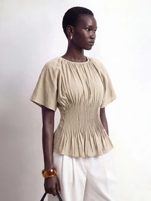 SHEIN Stylify Women's French Style Minimalist Elegant Casual Gentle Khaki Cotton Spring/Summer New Waist Pleated Design Slimming Blouse Shirt For Office Vacation - Apricot - View 6