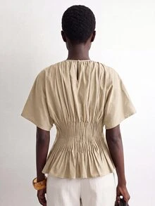 SHEIN Stylify Women's French Style Minimalist Elegant Casual Gentle Khaki Cotton Spring/Summer New Waist Pleated Design Slimming Blouse Shirt For Office Vacation - Apricot - View 2