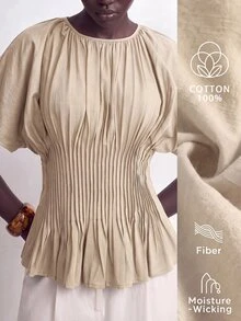 SHEIN Stylify Women's French Style Minimalist Elegant Casual Gentle Khaki Cotton Spring/Summer New Waist Pleated Design Slimming Blouse Shirt For Office Vacation - Apricot - View 8