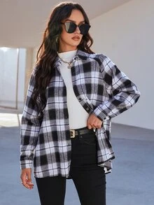 Rue Lumi 有领、前扣格纹休闲衬衫 - 黑與白 - 查看 4