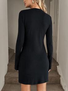 Easowa Solid V-Neck Button Front Short Dress - Black - View 2