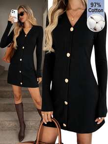 Easowa Solid V-Neck Button Front Short Dress - Black - View 1