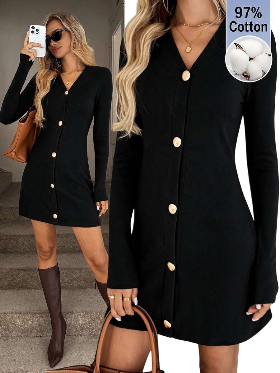 Easowa Solid V-Neck Button Front Short Dress - Black - View 1