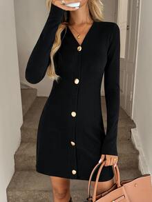 Easowa Solid V-Neck Button Front Short Dress - Black - View 4