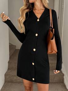 Easowa Solid V-Neck Button Front Short Dress - Black - View 3