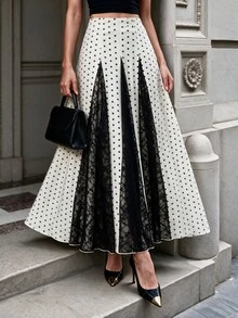 Modelyn Damen Frühling/Sommer Aprikot gewebt Digitaler Polka Dot & schwarzer Spitzenbesatz A-Linie eleganter romantischer Rock - Verschiedenfarbig - Übersicht 3