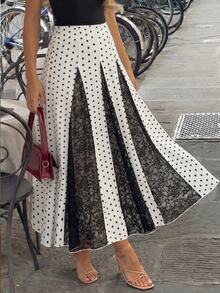 Modelyn Damen Frühling/Sommer Aprikot gewebt Digitaler Polka Dot & schwarzer Spitzenbesatz A-Linie eleganter romantischer Rock - Verschiedenfarbig - Übersicht 7