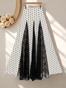 Modelyn Damen Frühling/Sommer Aprikot gewebt Digitaler Polka Dot & schwarzer Spitzenbesatz A-Linie eleganter romantischer Rock - Verschiedenfarbig - Übersicht 9