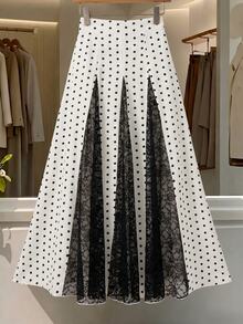 Modelyn Damen Frühling/Sommer Aprikot gewebt Digitaler Polka Dot & schwarzer Spitzenbesatz A-Linie eleganter romantischer Rock - Verschiedenfarbig - Übersicht 6